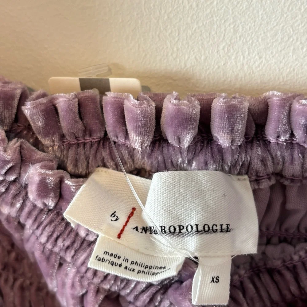 Anthropologie Square-Neck Balloon Sleeve Velvet Smocked Dusty Purple Top Size XS